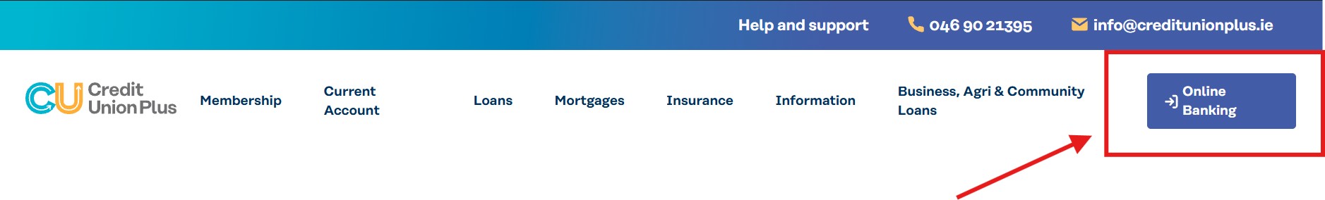 Image of the banner displayed at the top of the Credit Union Plus website highlighting the Online Banking Button