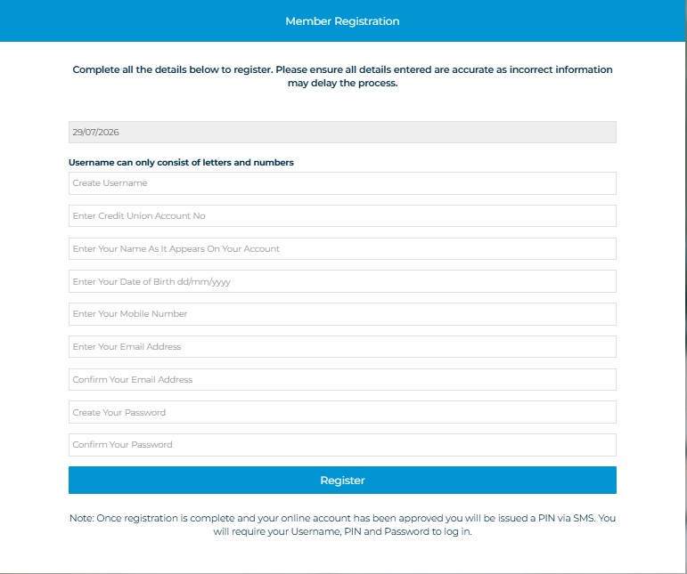 Image of the online banking registration form for Credit Union Plus.