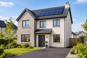 Modern Irish family home with solar panels on the roof, representing an energy-efficient new-build home.