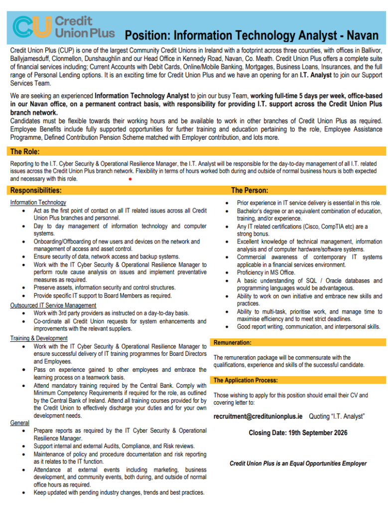 Image of job specification for an Information Technology Analyst