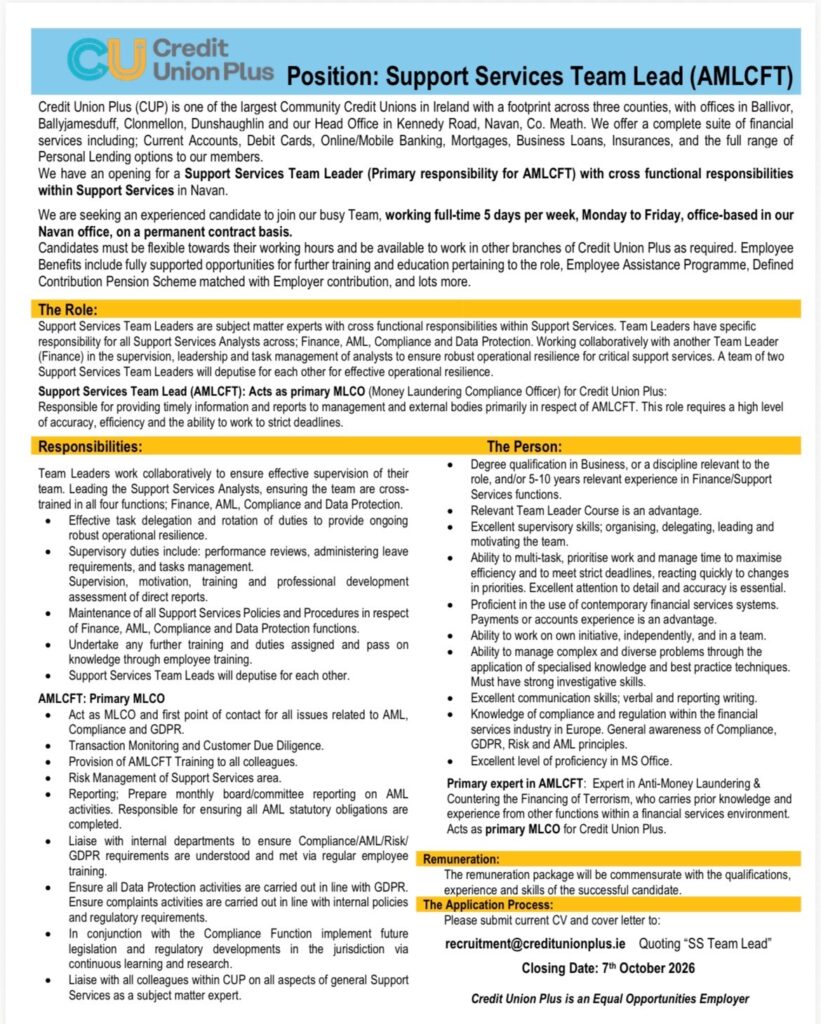 Job Specification for vacant employment position for Position: Support Services Team Lead (AMLCFT)